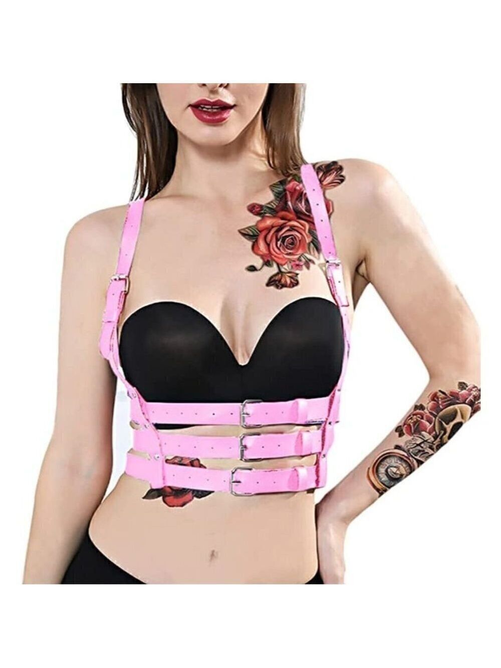Pink Leather Waist Shoulder Harness Garter Belt Waistband Slave Fetish Bondage